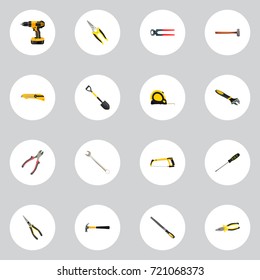 Realistic Arm-Saw, Length Roulette, Stationery Knife And Other Vector Elements. Set Of Instruments Realistic Symbols Also Includes Cutter, Clippers, Tape Objects.
