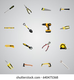 Realistic Arm-Saw, Pliers, Spade And Other Vector Elements. Set Of Tools Realistic Symbols Also Includes Hacksaw, Sawmill, Instrument Objects.