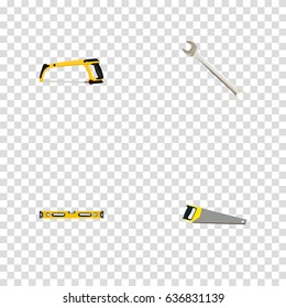 Realistic Arm-Saw, Spanner, Plumb Ruler And Other Vector Elements. Set Of Instruments Realistic Symbols Also Includes Level, Saw, Key Objects.