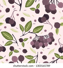 Realistic aronia berry vector illustration Seamless repeating pattern. Hand drawn black chokeberries, leaf. Juicy natural antioxidants. Nutritional superfruits background. Growing packaging design.