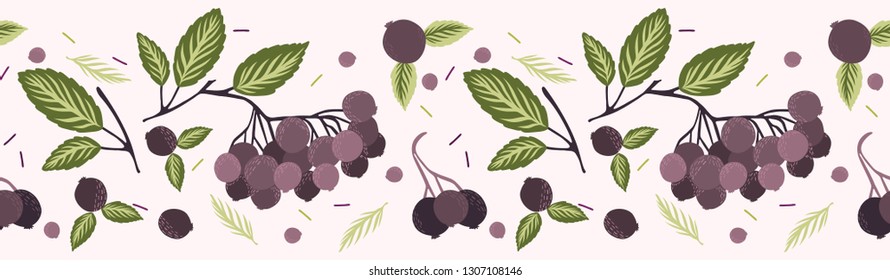 Realistic aronia berry vector illustration Seamless repeating border pattern. Hand drawn black chokeberries, leaf. Juicy natural antioxidants. Nutritional superfruits background. Packaging design.