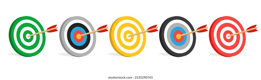 realistic arrow and target illustration.  the arrow that pierced right in the middle of the target. archery targets with shots. vector mock up