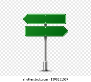 Realistic Arrow Traffic Sign On Metal Steel Pole Isolated. Green Road Panel Mockup - Direction Highway, Board Text, City Location, Street Arrow, Stop, Danger, Warning Signage. Vector Illustration