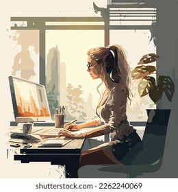 Realistic art, a designer woman working on a laptop, in an office dress, on a work desk beside a window, beautiful weather outside flat style illustration