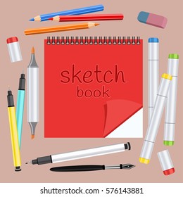 Realistic art supplies, set art materials. Sketchbook, art marker with two tips, multicolored handles capillary, colour pencils, feather, eraser. Desk artist. Vector drawing objects for creativity