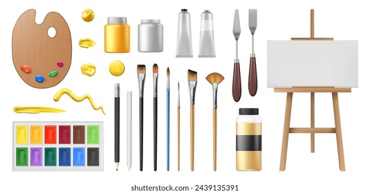 Realistic artist kit, equipment for drawing paintings. Vector isolated 3d brushes with different bristle thicknesses, tubes and palettes with paints. Sharp pencils and easel with blank canvas