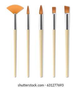 Realistic artist paintbrushes set. Fan, round, flat, angle brush. Watercolor, acrilic or oil brushes with light wooden handle, metal ferrule and sable, synthetic or nylon bristle. Vector illustration
