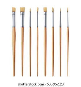 Realistic Artist Paintbrushes Set. Paint Brush Set Isolated On White Background. Vector Collection For Artist Design. Watercolor, Acrilic Or Oil Brushes With Light Wooden Handle
