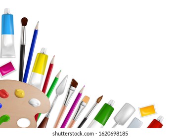 Realistic artist palette with brushes, paint tubes, knives and pencils, vector illustration. Art tools and supplies composition for web banner, website page etc.