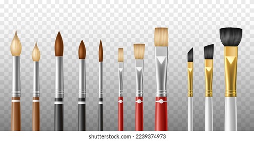 Realistic artistic brushes. Different art paintbrushes, natural and synthetic, flat and round. Watercolor paint, acrylic and oil, 3d isolated elements, utter vector set