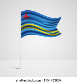 Realistic Aruba country flag waving in wind. Abstract country flag with flagpole isolated on grey background