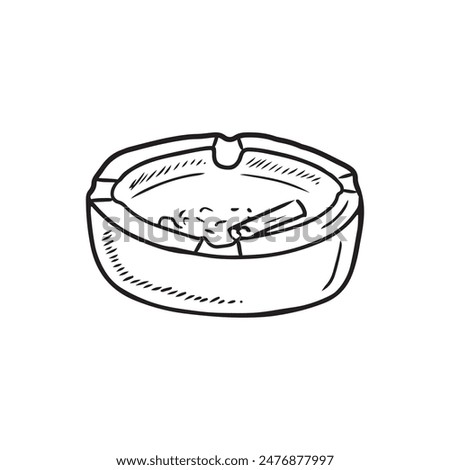Realistic ashtray with cigarette butt and ash in black isolated on white background. Hand drawn vector sketch illustration in doodle engraved line art vintage style. Concept of smoking, depression.