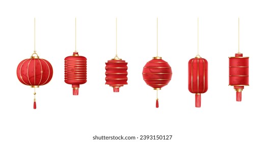 Realistic asian lanterns. 3d chinese or japan lantern for new year festival, hanging red paper lamp round shape oriental ornament, chinatown decoration decent vector illustration of chinese lantern