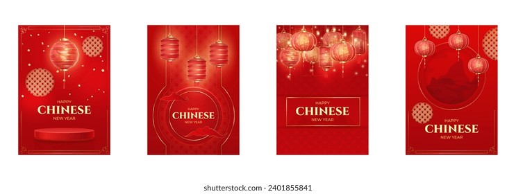 Realistische asiatische Laternen-Plakate. China neue Frühjahrsflieger-Vorlage für das Mondjahr, festliche rote Banner mit traditioneller Laterne, anständiger Vektorgrafik von Mondasien, asiatischer Laterne