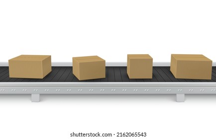 Realistic assembly line with cardboard boxes vector illustration. Automatic mechanical packing conveyor belt package or parcel on industrial factory isolated. Cargo service, warehouse, distribution