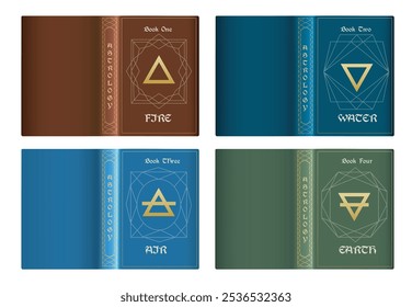 Realistic astrological book covers. 3D esoteric book covers geometrical ornament decoration isolated vector illustration