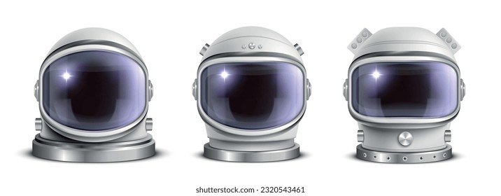 Realistic astronaut helmet set of three isolated images of space suit helmet with different design models vector illustration