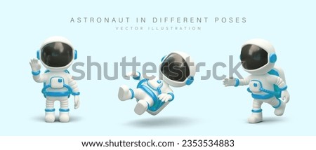 Realistic astronaut in space suit. Character in different poses. Cosmonaut stands, falls, flies, walks. Isolated vector illustration in cartoon style. Sign language