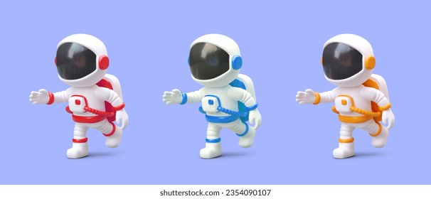 Realistic astronaut in suit. Character in process of movement. Set of images in different colors. Human in space suit is in hurry, running. Isolated vector illustration with glare and shadows