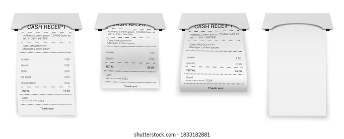 Realistic ATM bills. Paper printed bill or bank invoice transaction, financial 3D paper check, printed cash receipt vector illustration icons set. Payment blank or printout isolated