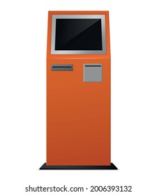 Realistic Atm kiosk. Payment terminal. Automated electronic equipment for financial transactions with cash and credit cards. Orange device with black screen, vector isolated 3d illustration