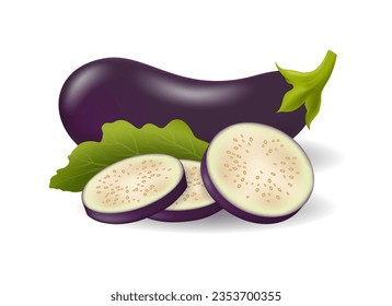 Realistic aubergines composition. 3d ripe eggplant whole slices and leaves isolated on white background, fresh photorealistic aubergine garden vegetables diet healthy food