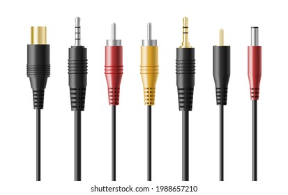 Realistic audio connector headphone plugs set. Adapter wire electronic speaker joint for smartphone and computer. 3d vector illustration