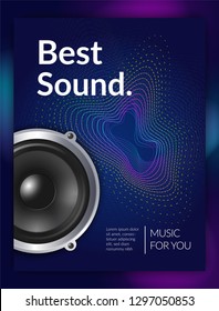 Realistic audio equipment sound for music promotional poster on dark background with wave texture vector illustration