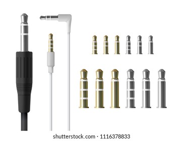 Realistic audio mini jack plug set. Isolated vector illustration of white connector.