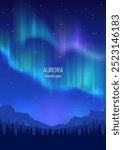 Realistic aurora borealis landscape in dark sky. Beautiful background design. Vector image.