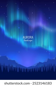 Realistic aurora borealis landscape in dark sky. Beautiful background design. Vector image.