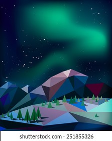 Realistic aurora borealis over low poly mountains night stars 