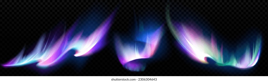 Realistic aurora effect isolated on transparent background. Vector illustration of colorful borealis light shimmering in night polar sky. Arctic winter natural phenomenon. Abstract gradient texture