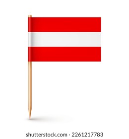 Realistic Austrian toothpick flag. Souvenir from Austria. Wooden toothpick with paper flag. Location mark, map pointer. Blank mockup for advertising and promotions. Vector illustration