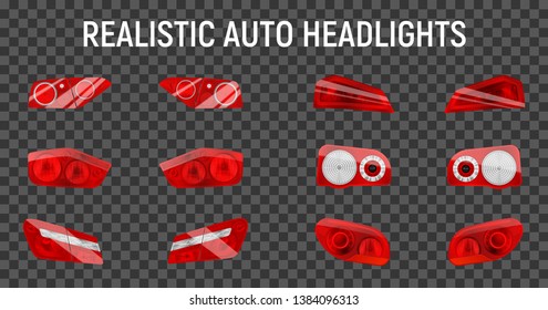 Realistic auto back stop headlights set with twelve isolated brake and marker lights on transparent background vector illustration