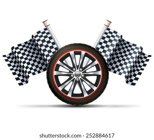 Realistic auto car wheel with flags racing sport concept vector illustration