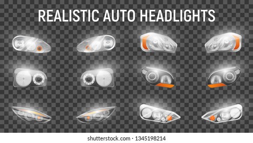 Realistic auto front headlights set on transparent background with glowing images of full headlamps for cars vector illustration