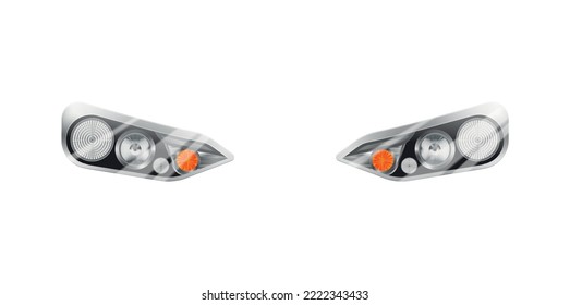 Realistic auto headlights composition with isolated images of automobile front lamp lights vector illustration