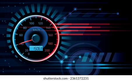 Realistic auto speedometer on abstract modern tech background vector illustration