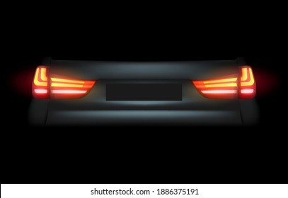 Realistic automotive auto car led glowing intellectual laser matrix xenon headlights front back rear lights bars vector realistic illustration isolated on dark black background.