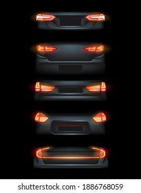 Realistic automotive auto car led glowing intellectual laser matrix xenon headlights front back rear lights bars vector realistic illustration isolated on dark black background.