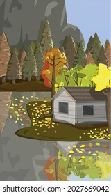 Realistic autumn forest, house by the lake - Vector illustration