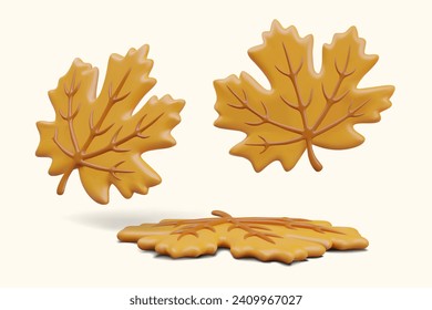 Realistic autumn leaves on warm background in different positions. Cartoon Maple leaf in orange color. Autumn concept. Vector illustration in 3d style