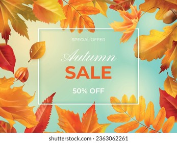 Realistic autumn sale. Fall leaves season shopping banner brochure template, seasonal offer for september october or thanksgiving weekend concept, leaf vector illustration of sale autumn and discount