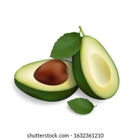 Realistic Avocado halves with leaves Isolated on white background. Ripe healthy eating fruit. Organic avocado. Beautiful vector illustration 3D. Element for design cards, brochures, banners. Stock.