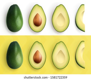 Realistic avocado isolated on white and yellow background vector illustration. 
Whole fruits, avocado with seed and halves of fruit.   
Top view. Avocado pattern. Сreative summer food concept