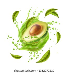 Realistic avocado juice splash. Avocado Half with stone and leaves in swirl motion. Juicy fruit for natural product vector design. Ripe avocado explosion for organic product package design.