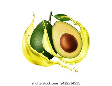 Realistic avocado in oil swirl with splash and drops splatter, isolated vector. Raw fresh realistic avocado fruit whole and half cut with seed and leaf in splashing oil wave for natural organic food