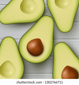 Realistic avocado on abstract wooden background, vector illustration