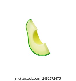 Realistic avocado slice. Vector 3D illustration of a juicy piece of avocado in cartoon style located on a clean white isolated background. Ideal for healthy eating topics.